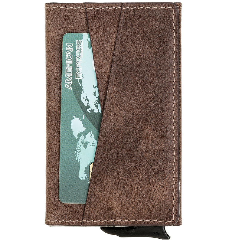 Pop-up Kreditkartenetui mit RFID-Schutz – Slim Wallet aus Aluminium & Leder | Braun