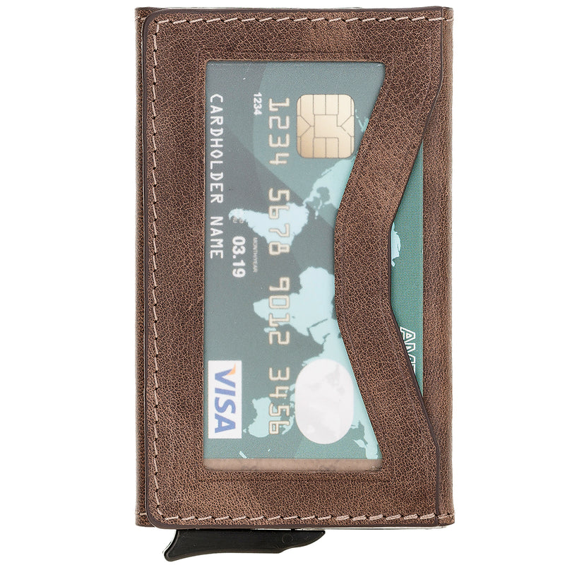 Pop-up Kreditkartenetui mit RFID-Schutz – Slim Wallet aus Aluminium & Leder | Braun Ansicht 2
