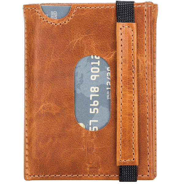 Trifold Kartenetui aus Leder – Slim Wallet mit Gummiband-Verschluss | Cognac