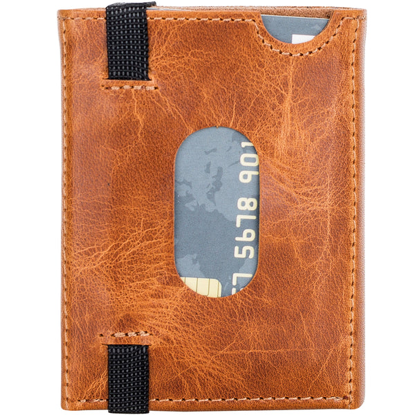 Trifold Kartenetui aus Leder – Slim Wallet mit Gummiband-Verschluss | Cognac