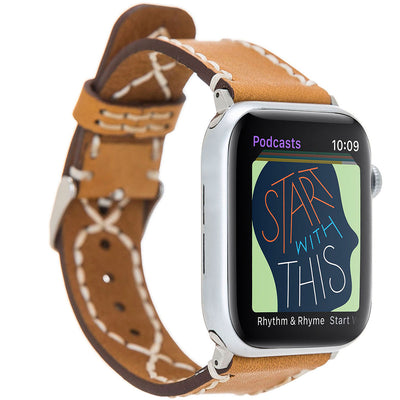 Cognac Lederarmband mit Kreuznaht – für Apple Watch 42/44/45 mm