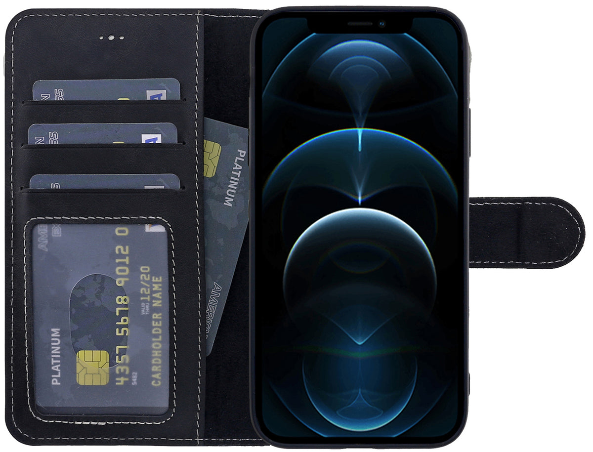 Book-Case Lederhülle für iPhone 13 Pro Max – Flip-Design mit Kartenfach | Schwarz