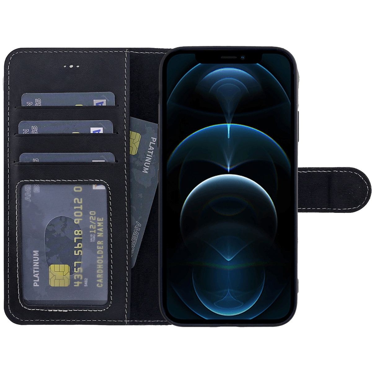 Book-Case Lederhülle für iPhone 13 Mini – Flip-Design mit Kartenfach | Schwarz