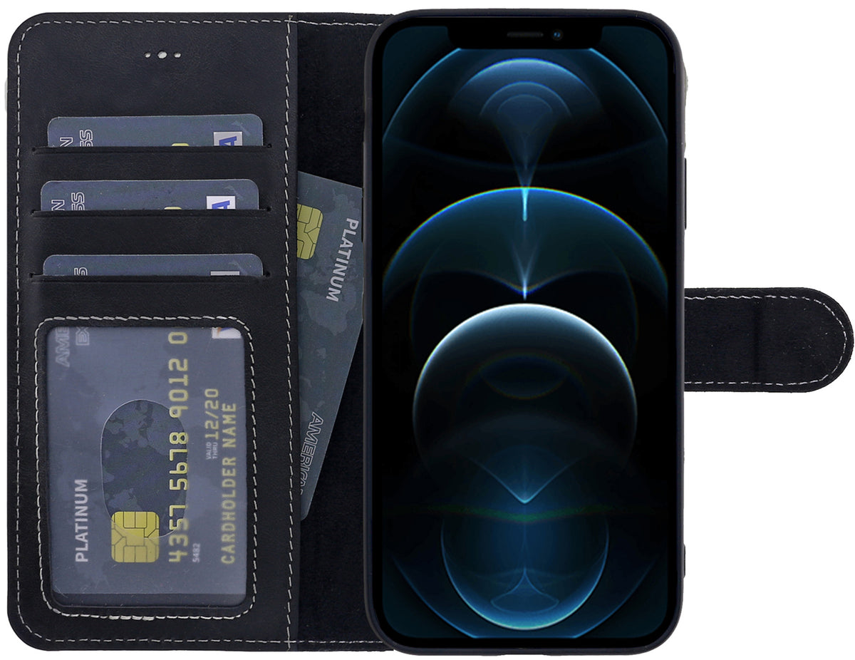 Book-Case Lederhülle für iPhone 14 Pro Max – Flip-Design mit Kartenfach | Schwarz