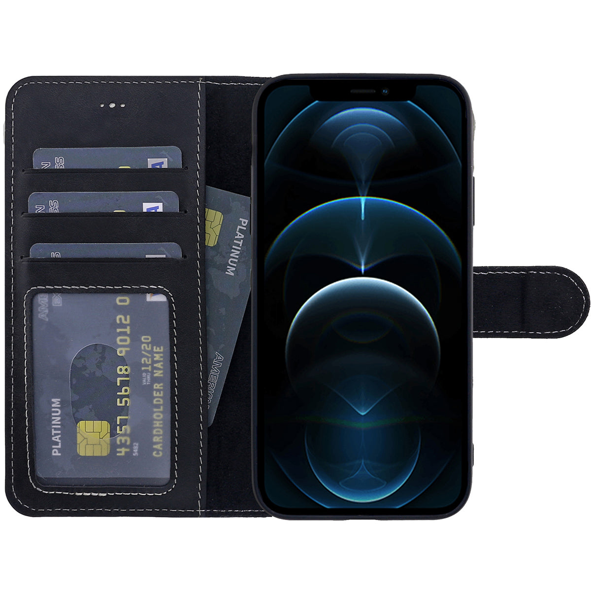 Book-Case Lederhülle für iPhone 14 Plus – Flip-Design mit Kartenfach | Schwarz