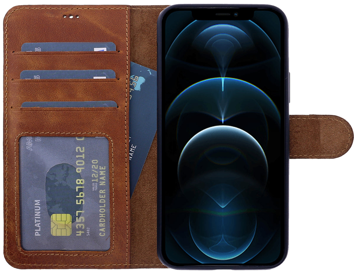 Book-Case Lederhülle für iPhone 13 Pro Max – Flip-Design mit Kartenfach | Braun