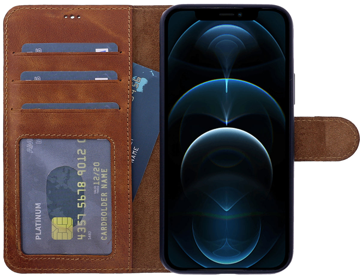 Book-Case Lederhülle für iPhone 14 Pro Max – Flip-Design mit Kartenfach | Braun