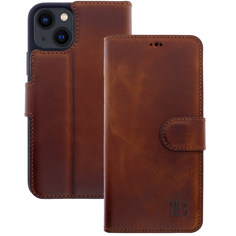 Book-Case Lederhülle für iPhone 14 Plus – Flip-Design mit Kartenfach | Braun
