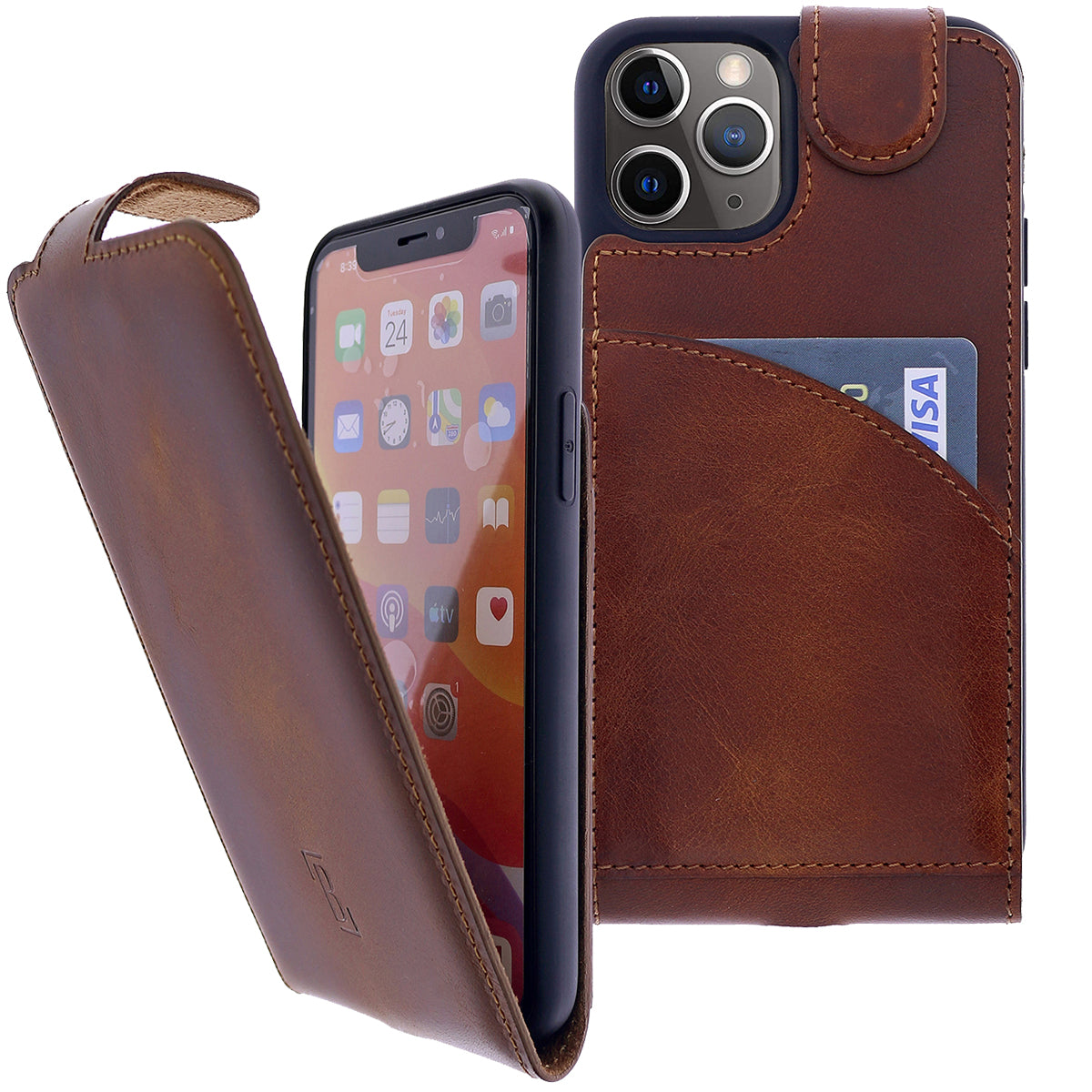 iPhone 12 Pro Max Leder Flip Case – Hülle mit Rundumschutz | Braun