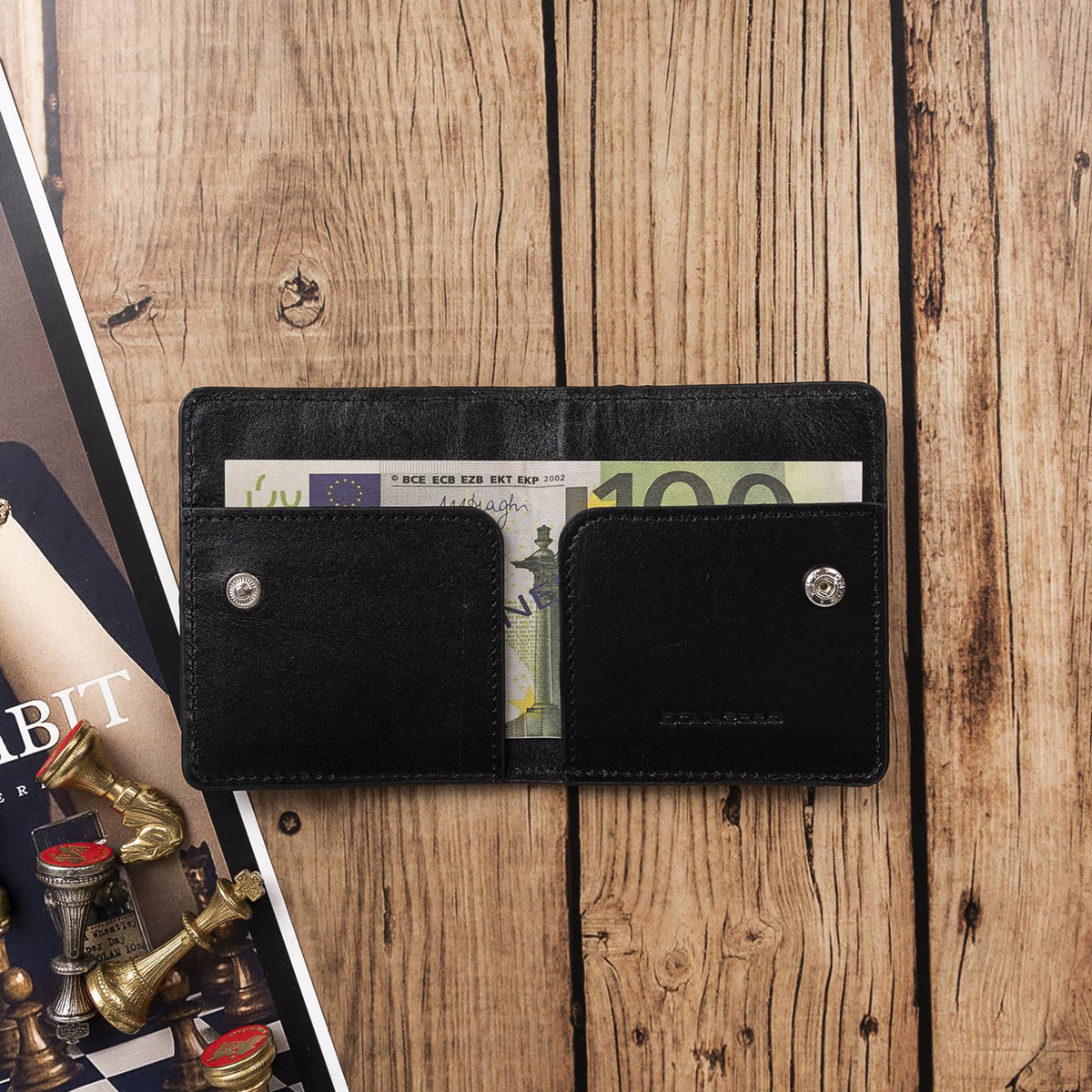 Leder Kartenetui mit Druckknopffach – Slim Wallet | Schwarz
