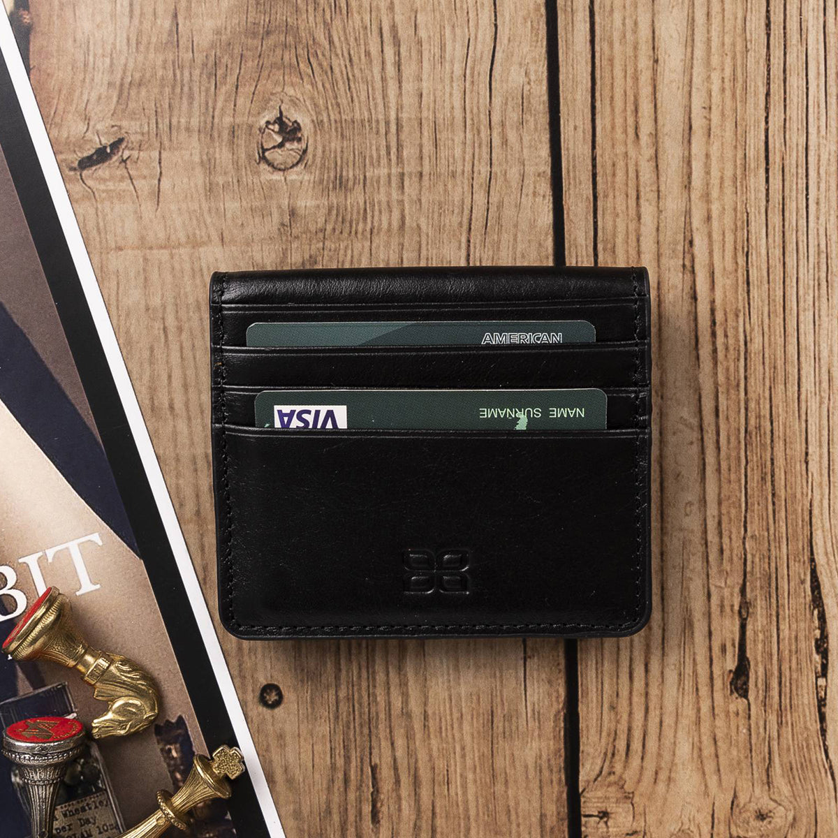 Leder Kartenetui mit Druckknopffach – Slim Wallet | Schwarz
