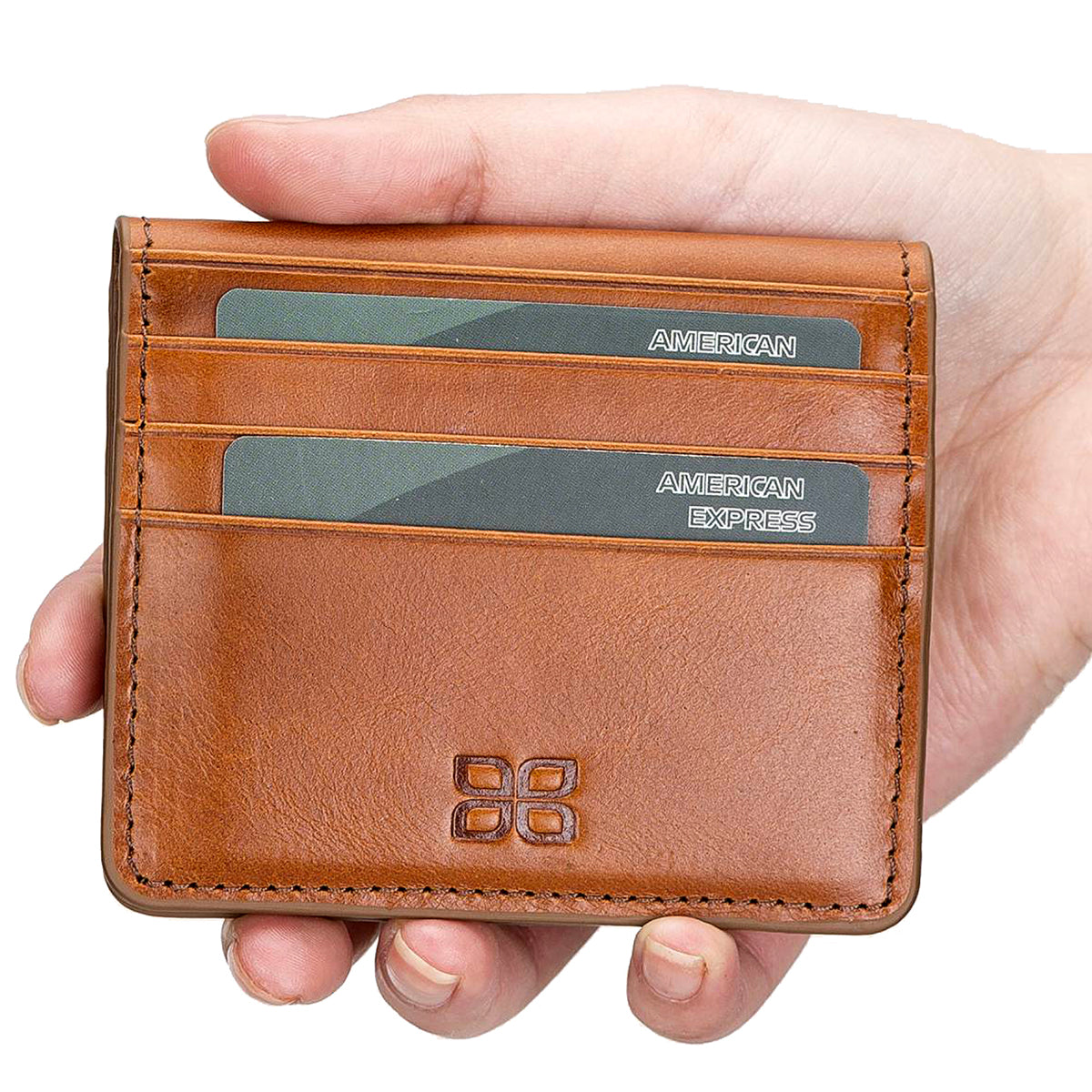Leder Kartenetui mit Druckknopffach – Slim Wallet | Sattelbraun