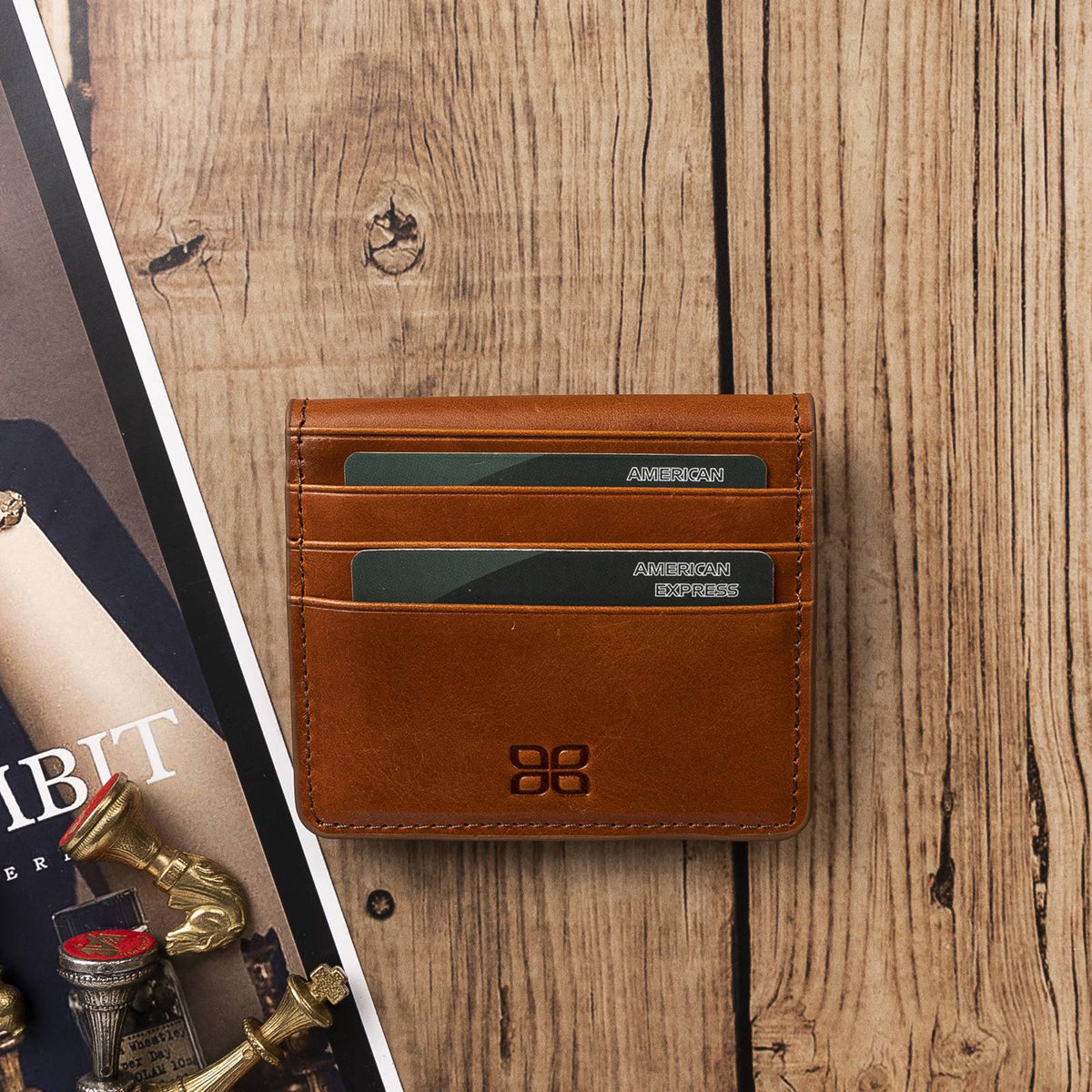Leder Kartenetui mit Druckknopffach – Slim Wallet | Sattelbraun