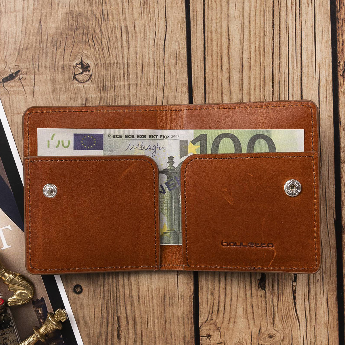 Leder Kartenetui mit Druckknopffach – Slim Wallet | Sattelbraun