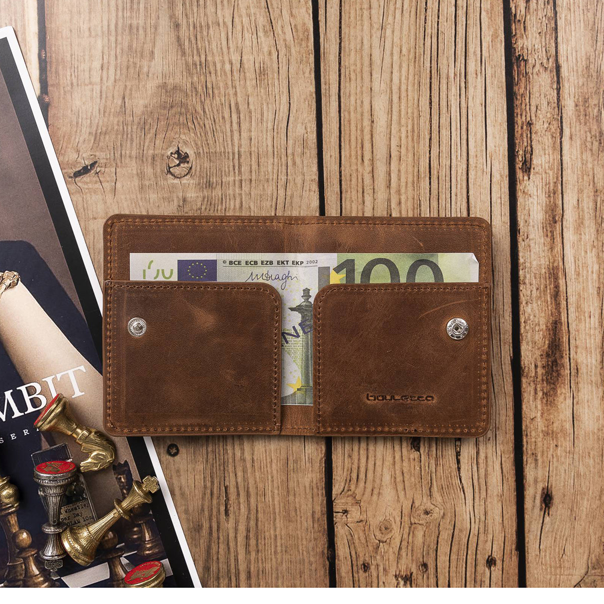 Leder Kartenetui mit Druckknopffach – Slim Wallet | Kaffeebraun