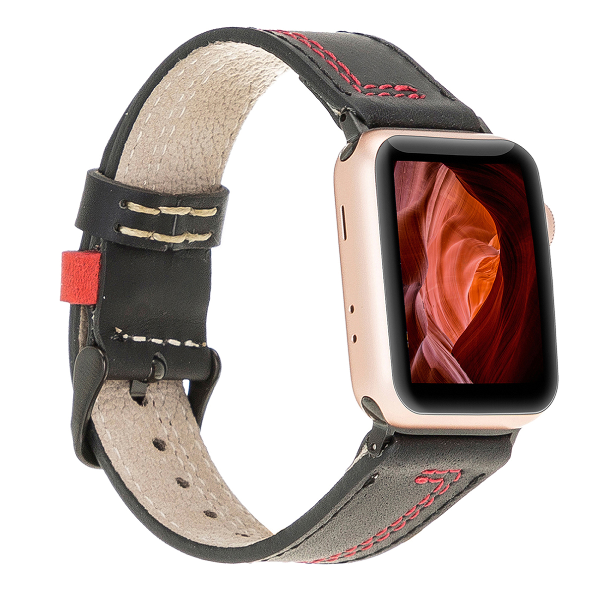 Lederarmband für Apple Watch – Schwarz mit roter Naht | Modell BA15
