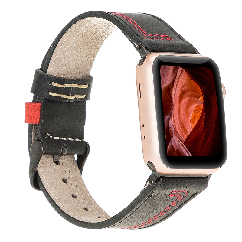 Lederarmband für Apple Watch – Schwarz mit roter Naht | Modell BA15