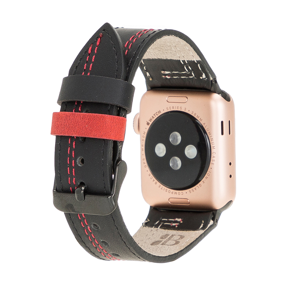 Lederarmband für Apple Watch – Schwarz mit roter Naht | Modell BA15