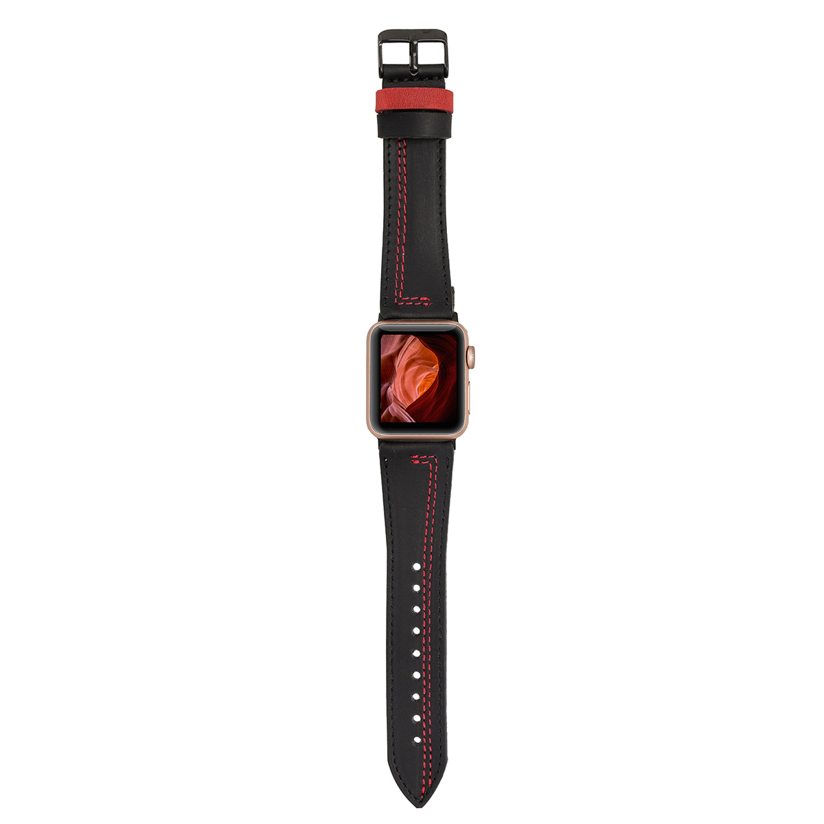Lederarmband für Apple Watch – Schwarz mit roter Naht | Modell BA15