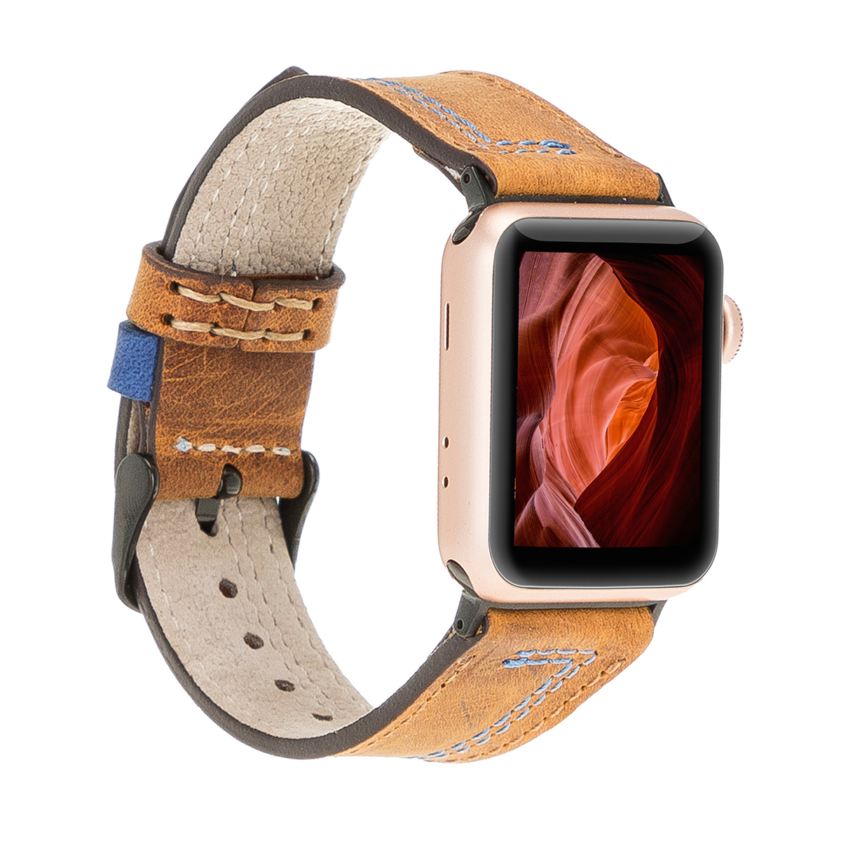 Lederarmband für Apple Watch – Braun mit blauer Naht | Modell BA16