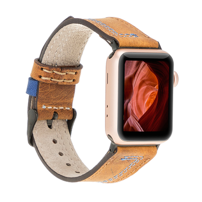 Lederarmband für Apple Watch – Braun mit blauer Naht | Modell BA16