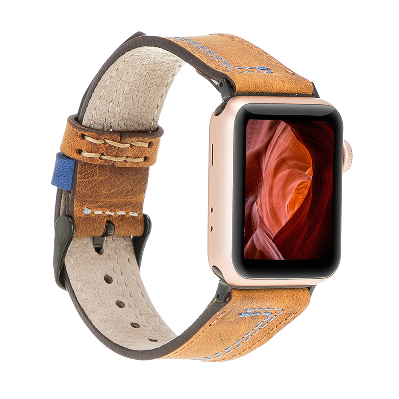 Lederarmband für Apple Watch – Braun mit blauer Naht | Modell BA16