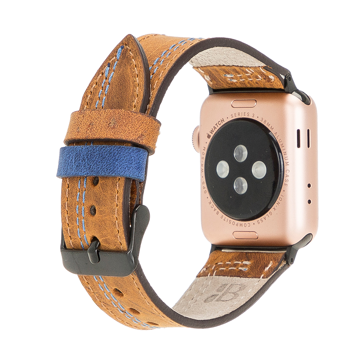 Lederarmband für Apple Watch – Braun mit blauer Naht | Modell BA16