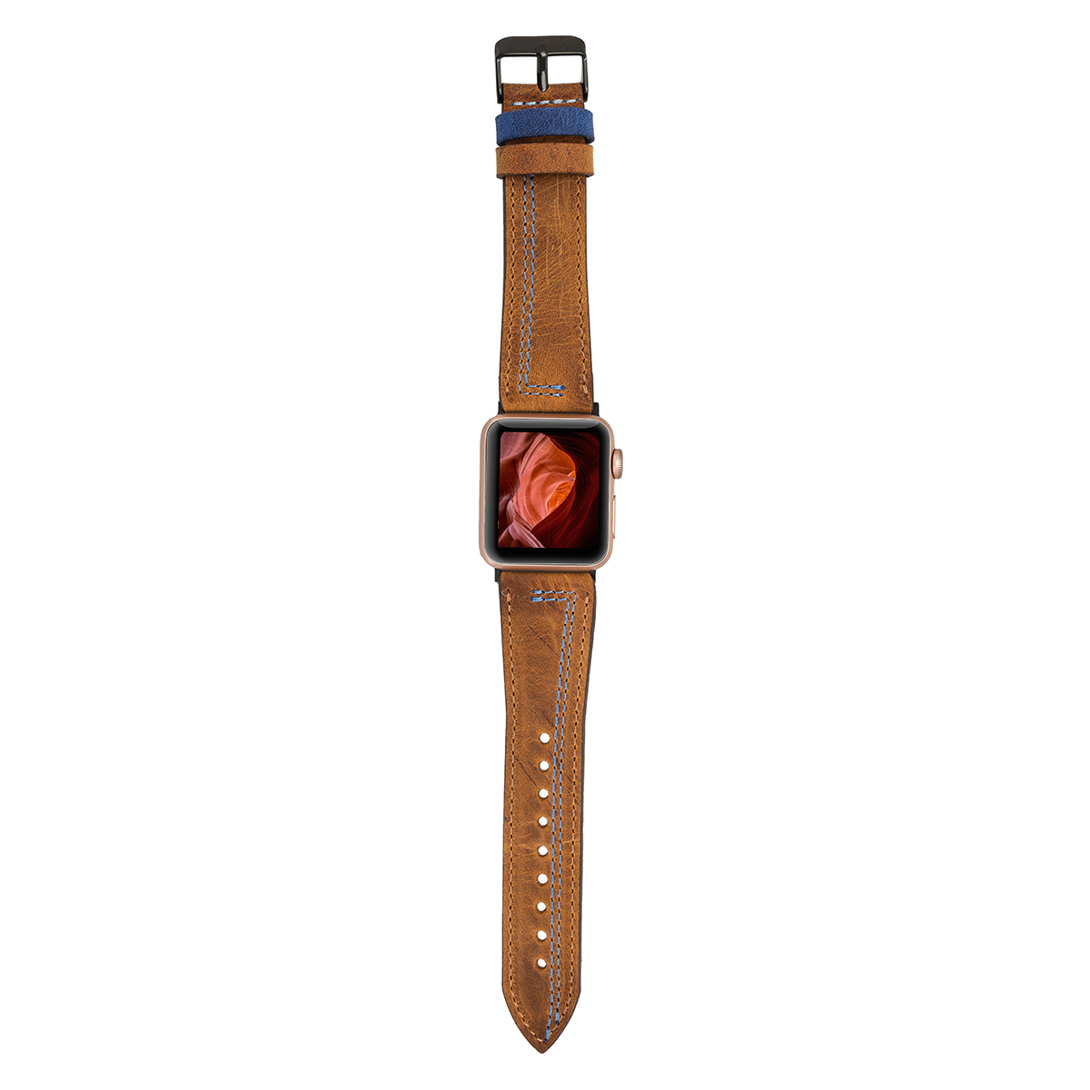 Lederarmband für Apple Watch – Braun mit blauer Naht | Modell BA16