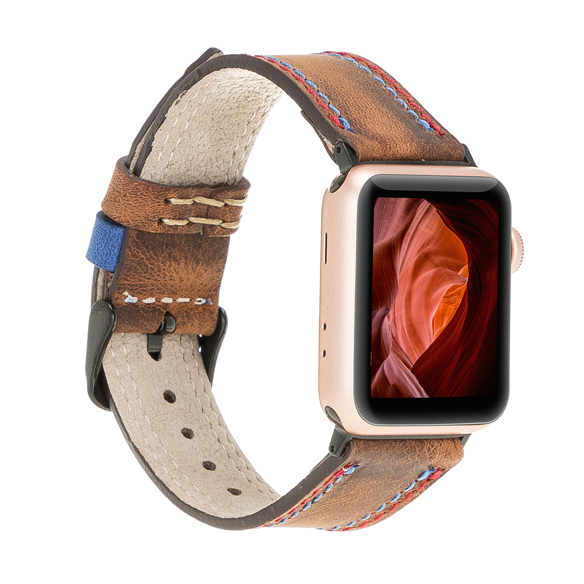 Lederarmband für Apple Watch – Kaffeebraun mit rot-blauer Naht | Modell BA17