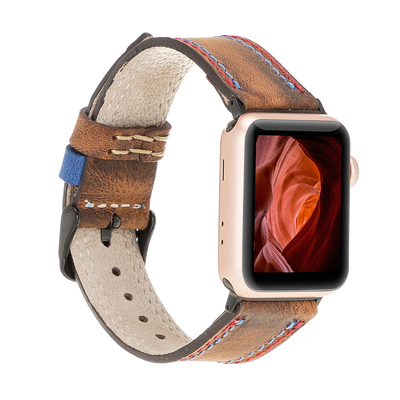 Lederarmband für Apple Watch – Kaffeebraun mit rot-blauer Naht | Modell BA17