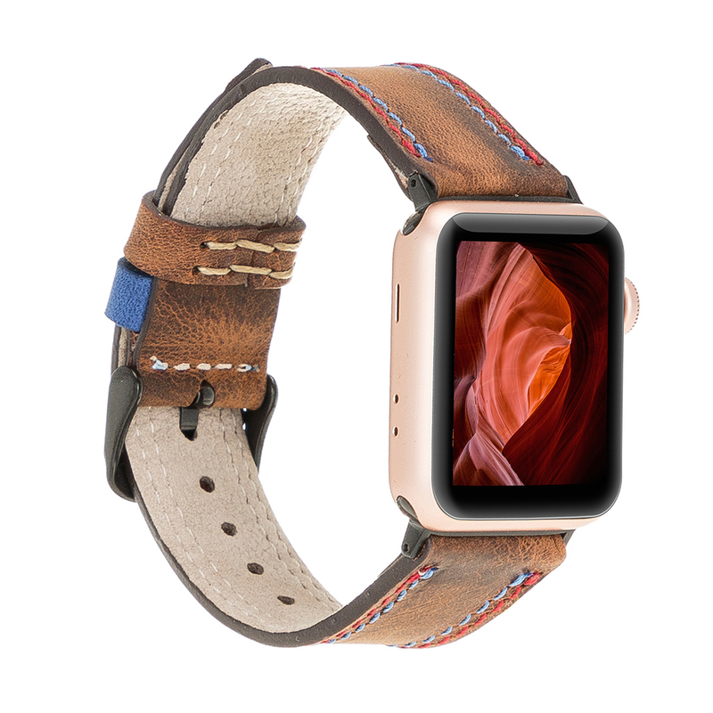 Lederarmband für Apple Watch – Kaffeebraun mit rot-blauer Naht | Modell BA17