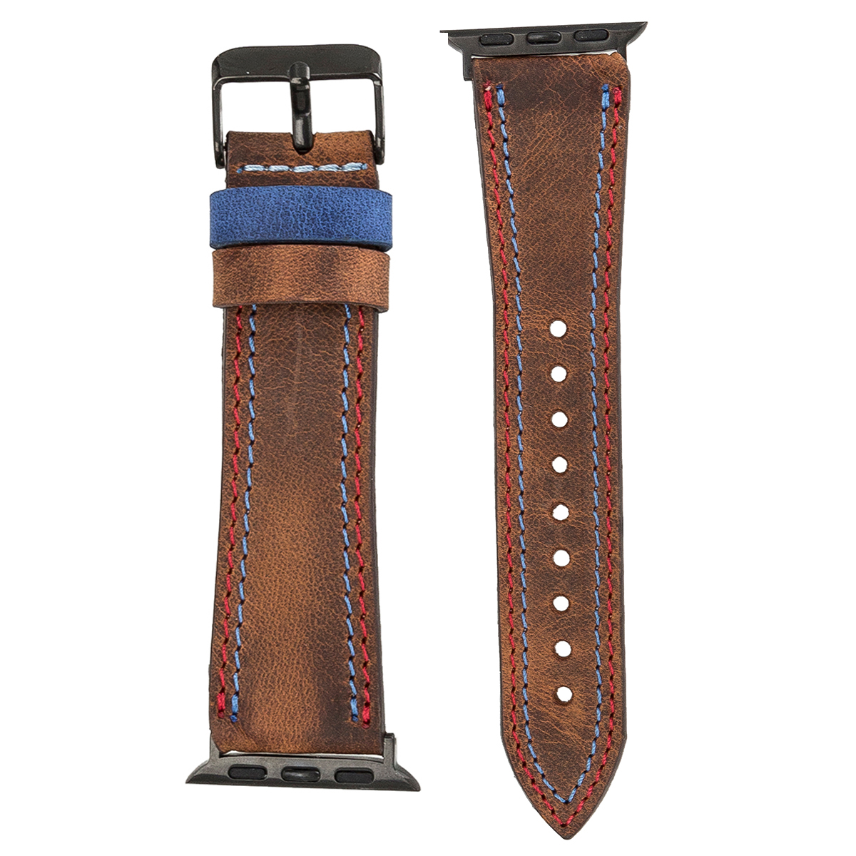 Lederarmband für Apple Watch – Kaffeebraun mit rot-blauer Naht | Modell BA17