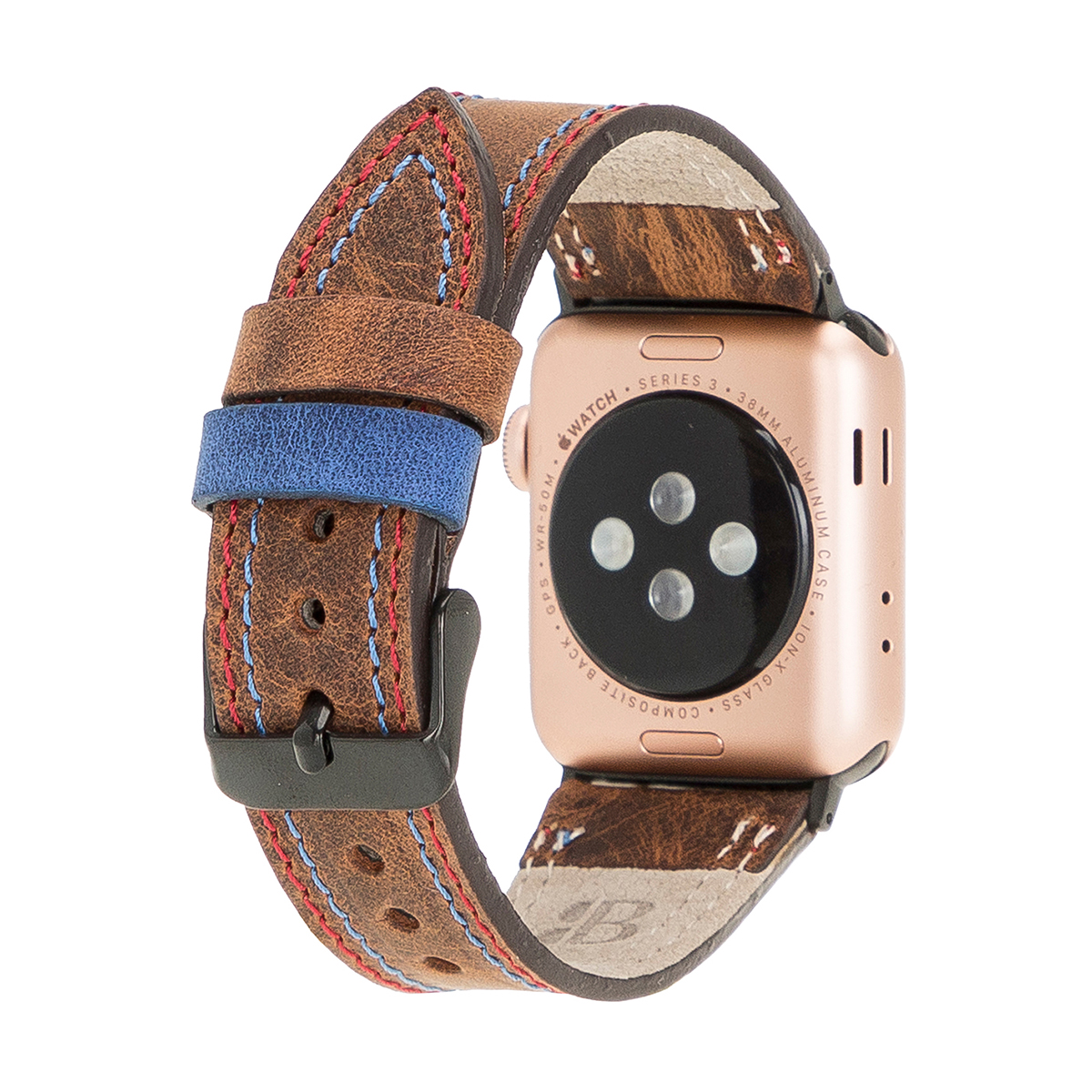 Lederarmband für Apple Watch – Kaffeebraun mit rot-blauer Naht | Modell BA17