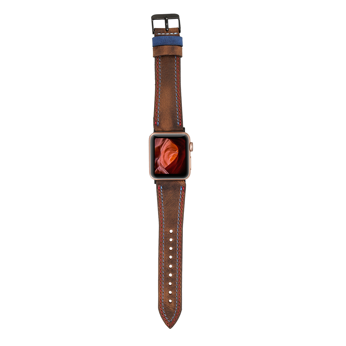 Lederarmband für Apple Watch – Kaffeebraun mit rot-blauer Naht | Modell BA17