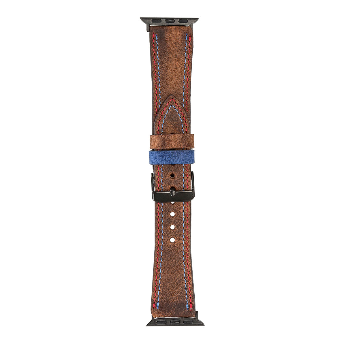 Lederarmband für Apple Watch – Kaffeebraun mit rot-blauer Naht | Modell BA17