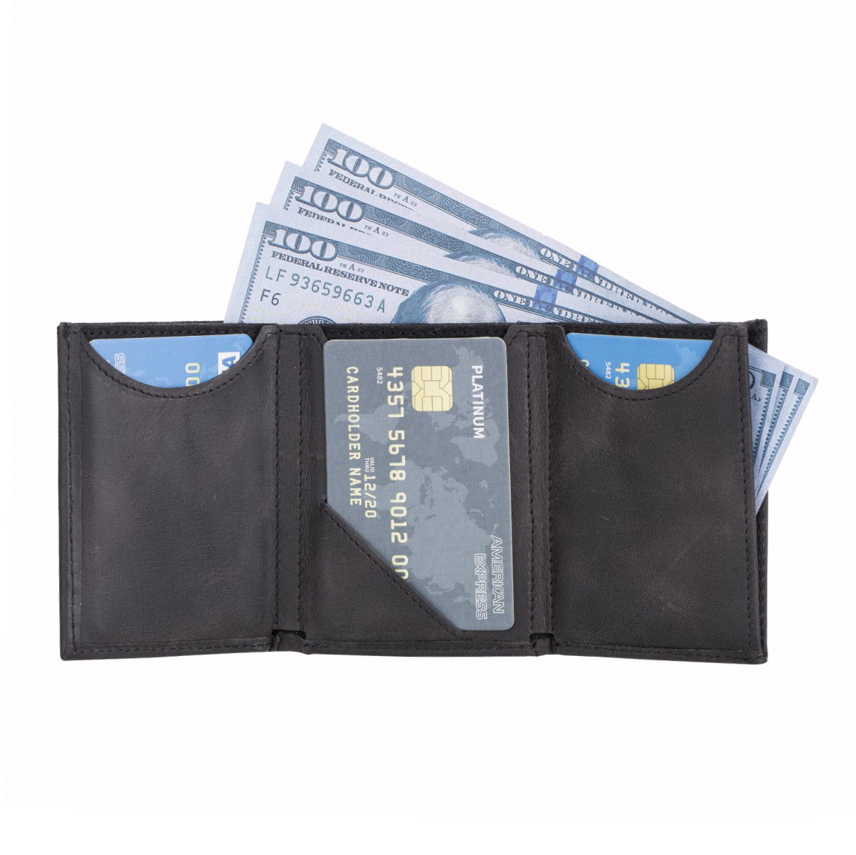 Trifold Kartenetui aus Leder – Slim Wallet mit Gummiband-Verschluss | Schwarz