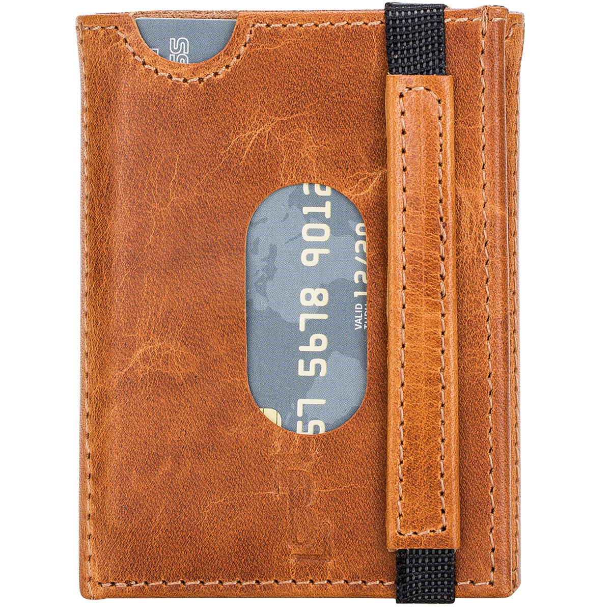 Trifold Kartenetui aus Leder – Slim Wallet mit Gummiband-Verschluss | Cognac