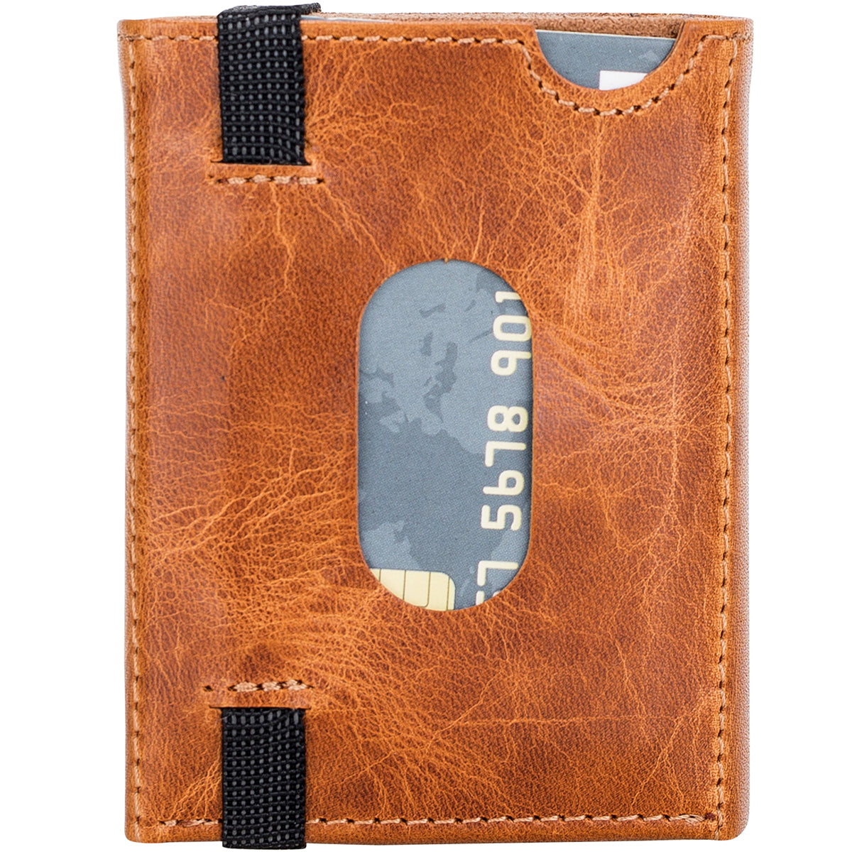 Trifold Kartenetui aus Leder – Slim Wallet mit Gummiband-Verschluss | Cognac