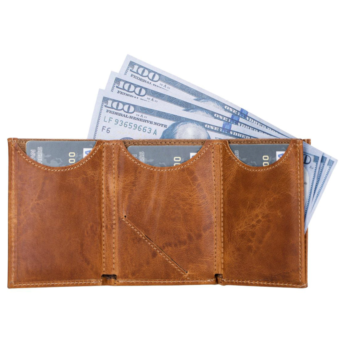 Trifold Kartenetui aus Leder – Slim Wallet mit Gummiband-Verschluss | Cognac