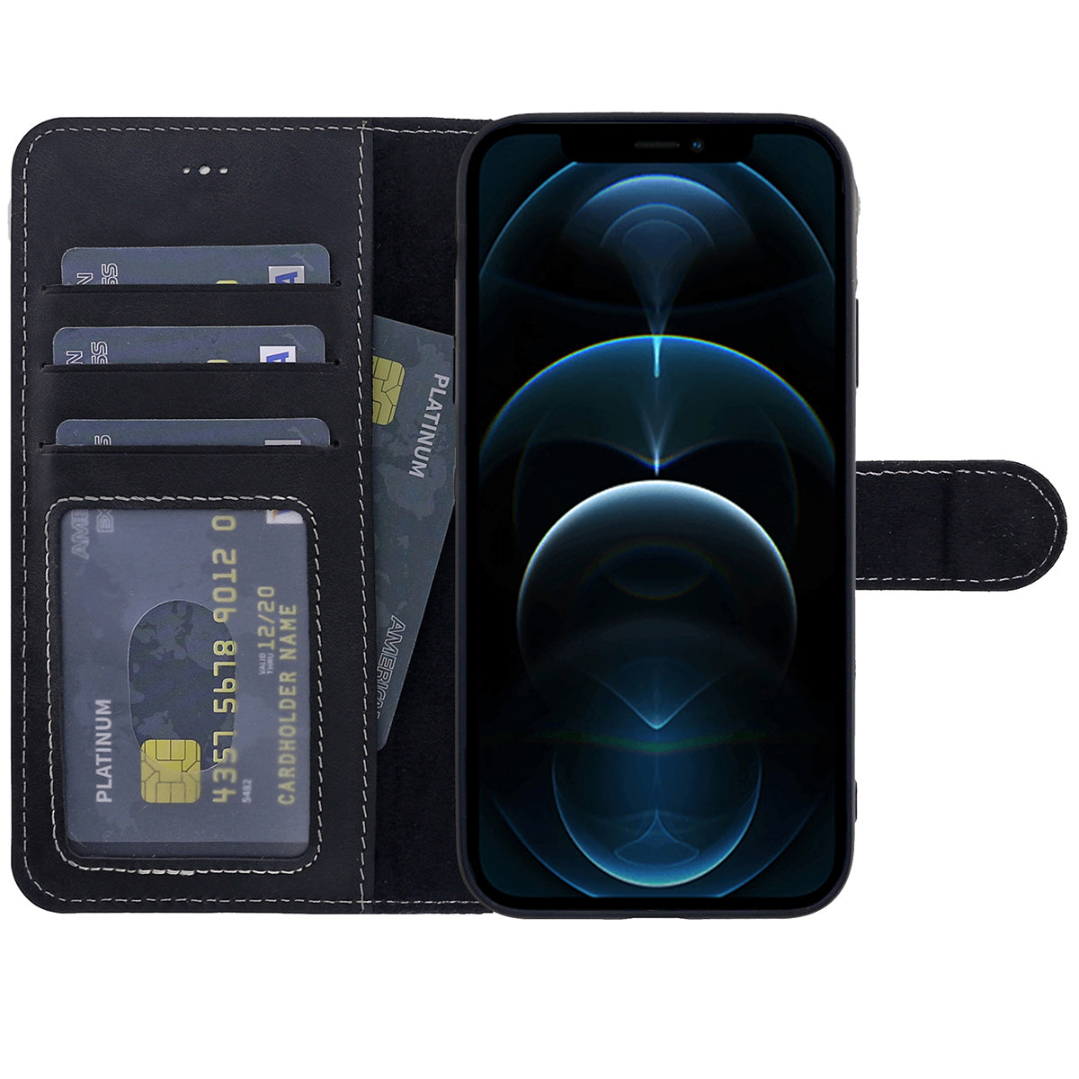 Book-Case Lederhülle für iPhone 12 Pro Max – Flip-Design mit Kartenfach | Schwarz