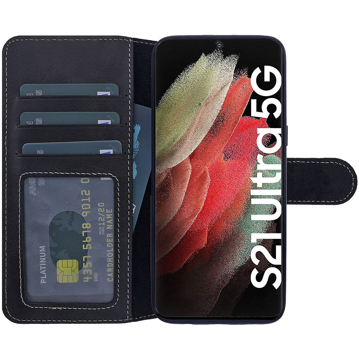 Samsung Galaxy S21 Ultra Leder Book-Case – Wallet Hülle | Schwarz