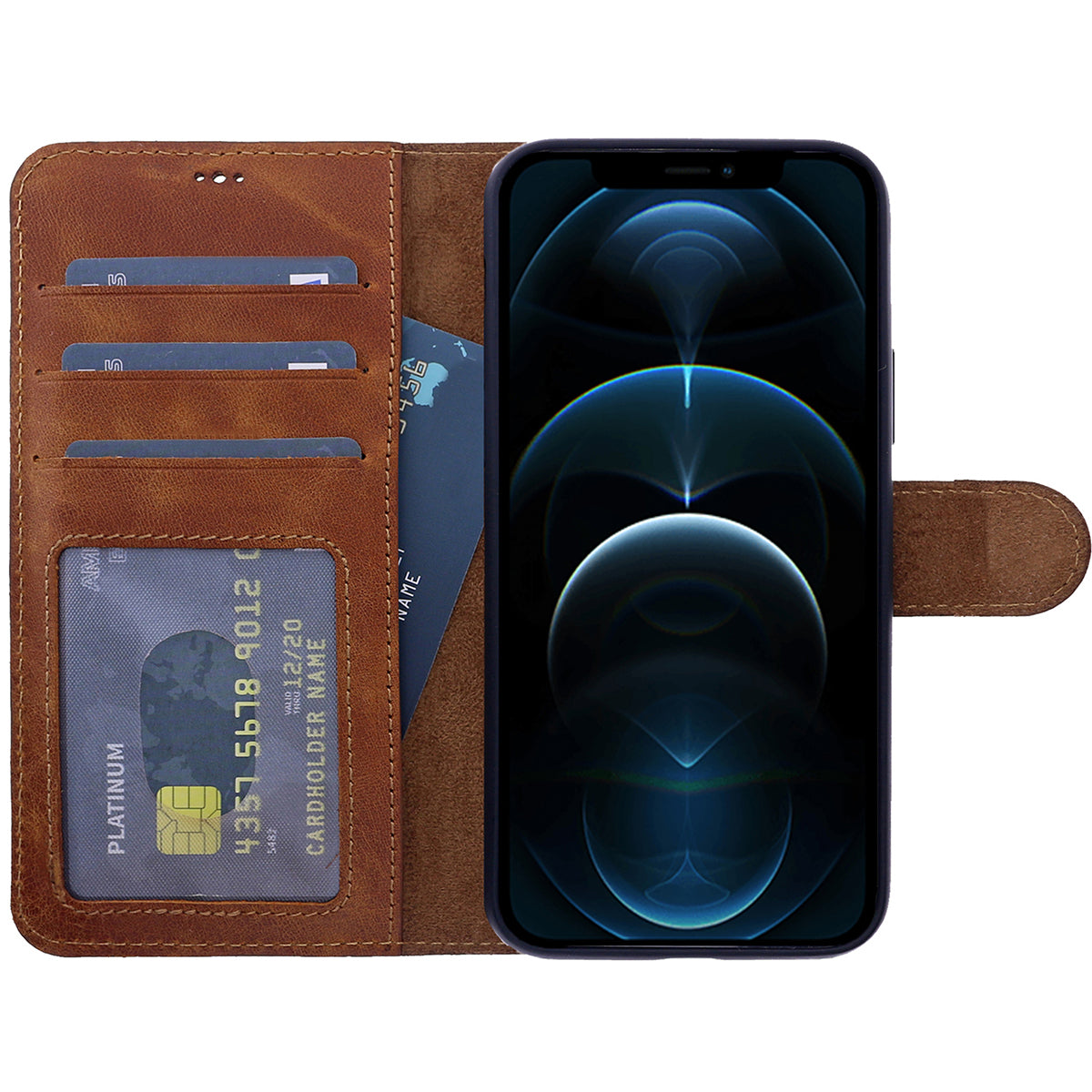 Book-Case Lederhülle für iPhone 12 Pro Max – Flip-Design mit Kartenfach | Braun