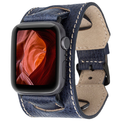 Lederarmband für Apple Watch – Handmade, Vintage-Look, Rindsleder | Blau - Frontansicht