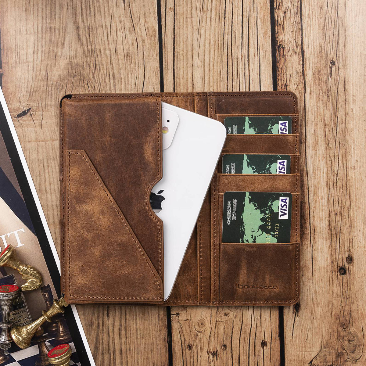 Leder Kartenetui mit Handyfach & Geldscheinfach – Organizer | Kaffeebraun
