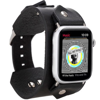 Apple Watch Cuff Armband – Echtleder Manschette mit Nieten | Schwarz