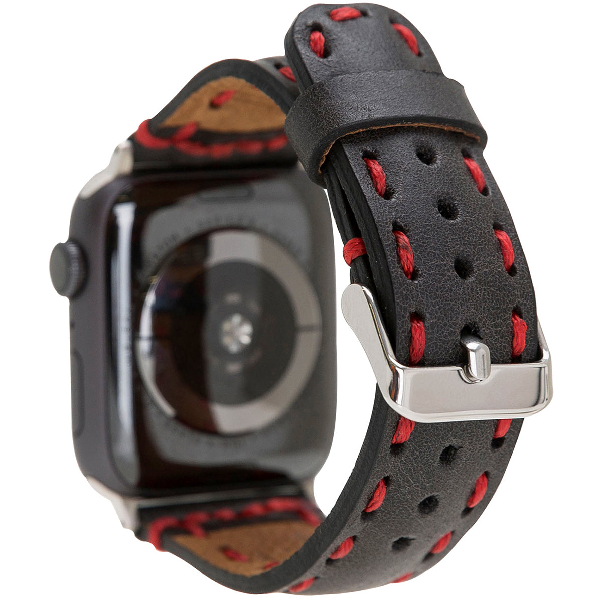 Apple Watch Lederarmband mit roter Ziernaht – Schwarz (Modell BA10-TN1)