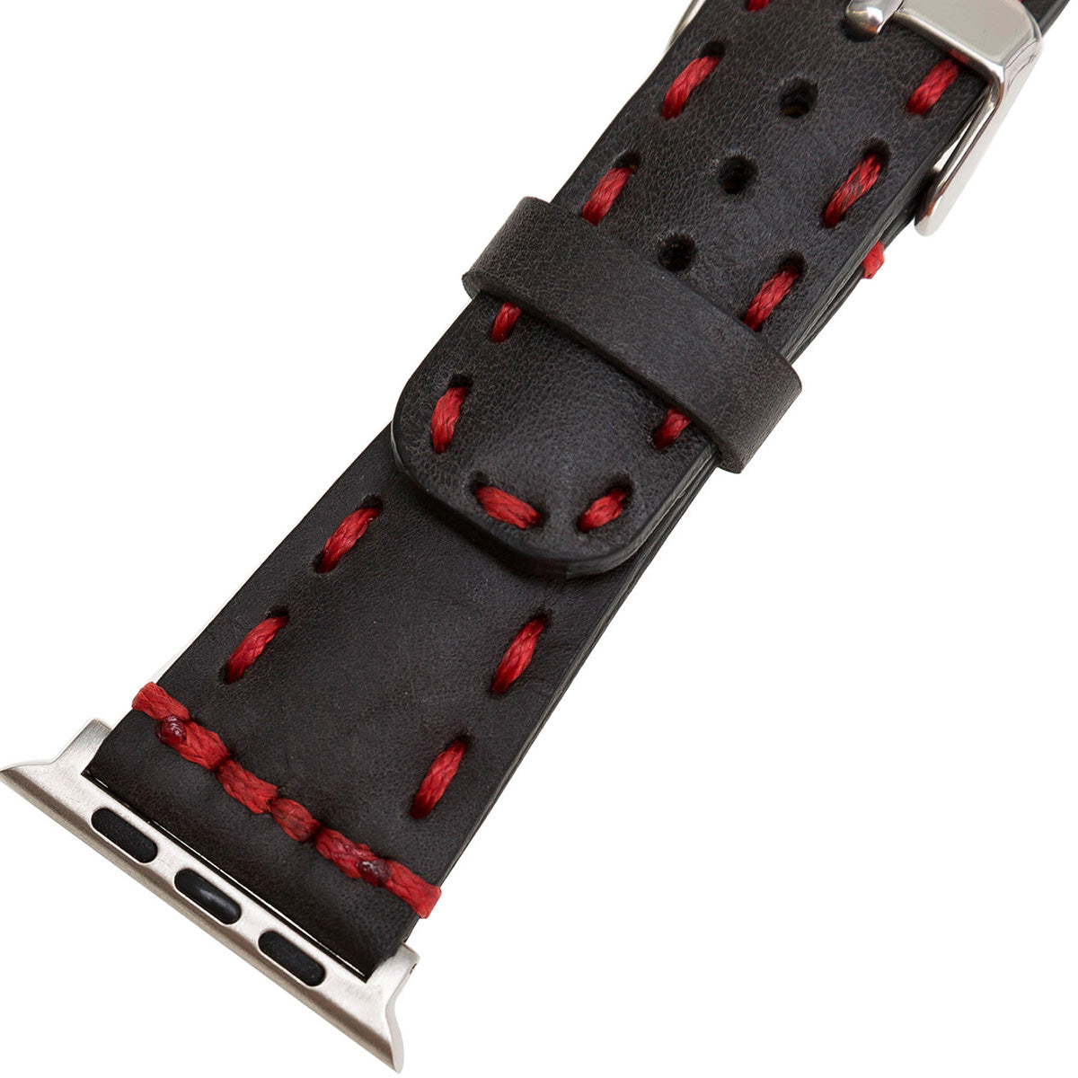 Apple Watch Lederarmband mit roter Ziernaht – Schwarz (Modell BA10-TN1)