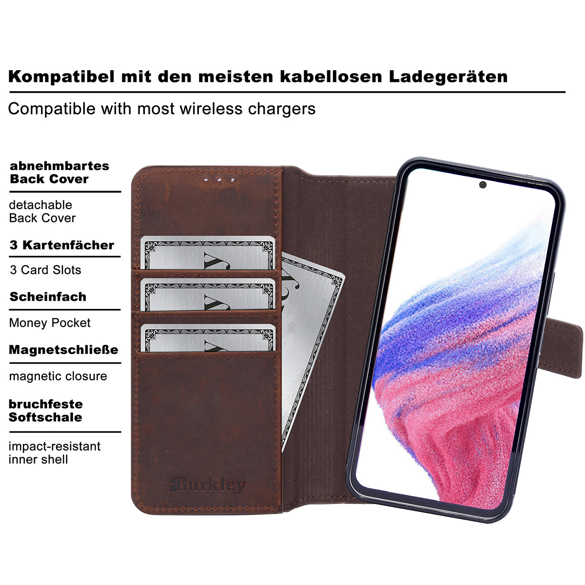 2-in-1 Lederhülle für Galaxy A54 – Book-Case mit Kartenfach | Braun