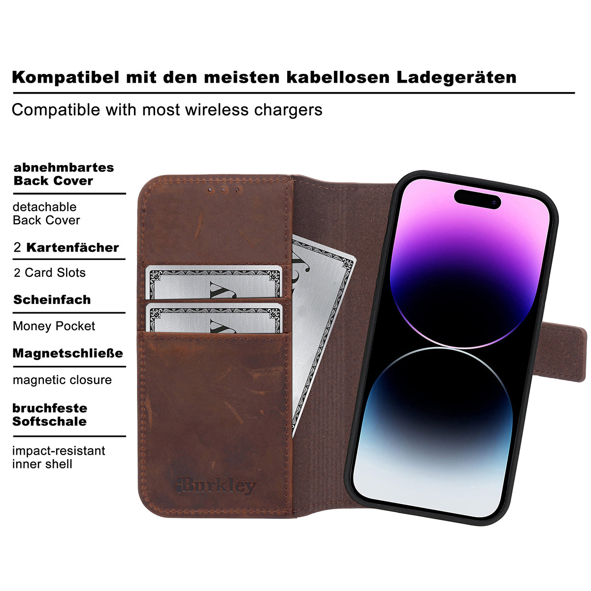 2-in-1 Lederhülle für iPhone 12 Mini Book-Style mit Magnet-Case | Braun