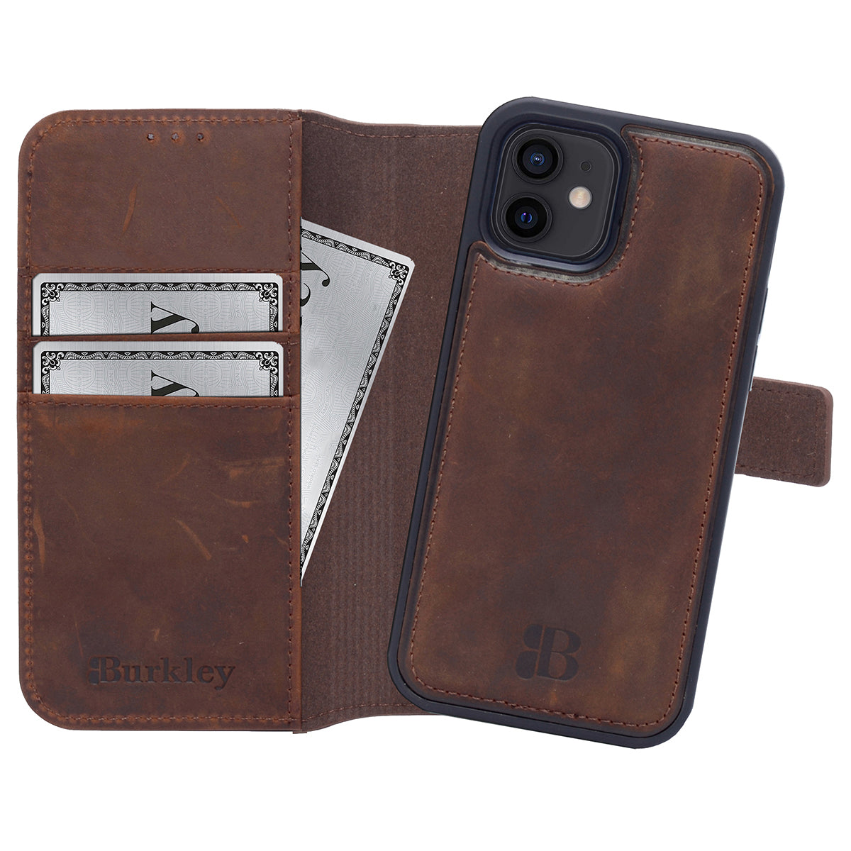 2-in-1 Lederhülle für iPhone 12 Mini Book-Style mit Magnet-Case | Braun